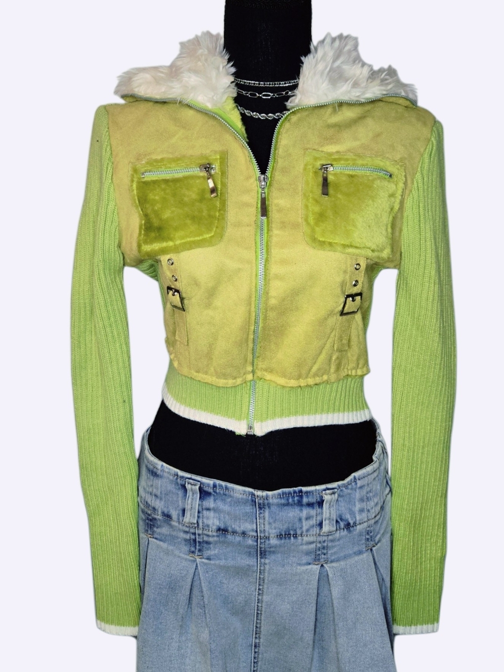 Y2k Cropped Lime Green Faux-Suede & Knit Jacket!!!